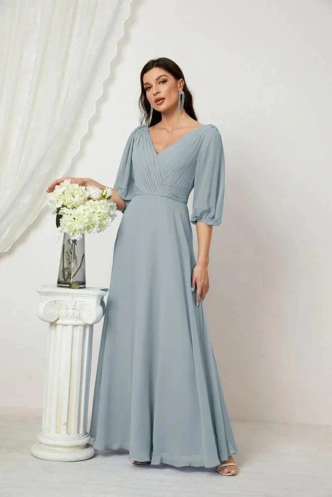 Numbersea  Formal Prom Gown Women V-Neck Chiffon Bridesmaid Dresses Long Bishop Sleeve Party Dress 2807