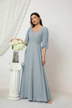 Numbersea  Formal Prom Gown Women V-Neck Chiffon Bridesmaid Dresses Long Bishop Sleeve Party Dress 2807