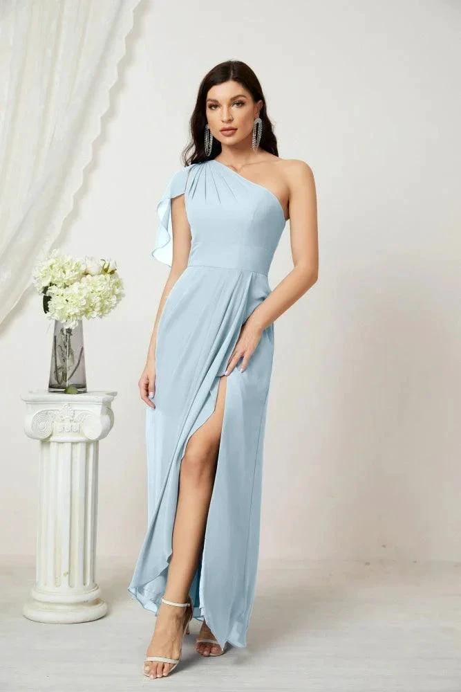 Numbersea  Chiffon Ruffled One Shoulder Long Bridesmaid Dresses A-line Formal Evening Gown Side Split 2809