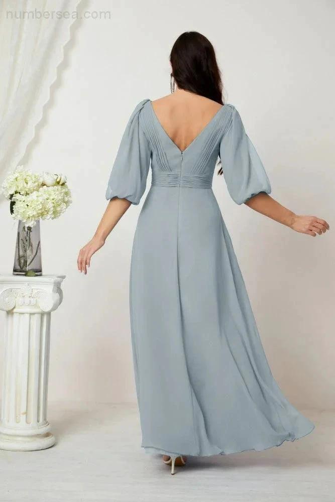 Numbersea  Formal Prom Gown Women V-Neck Chiffon Bridesmaid Dresses Long Bishop Sleeve Party Dress 2807