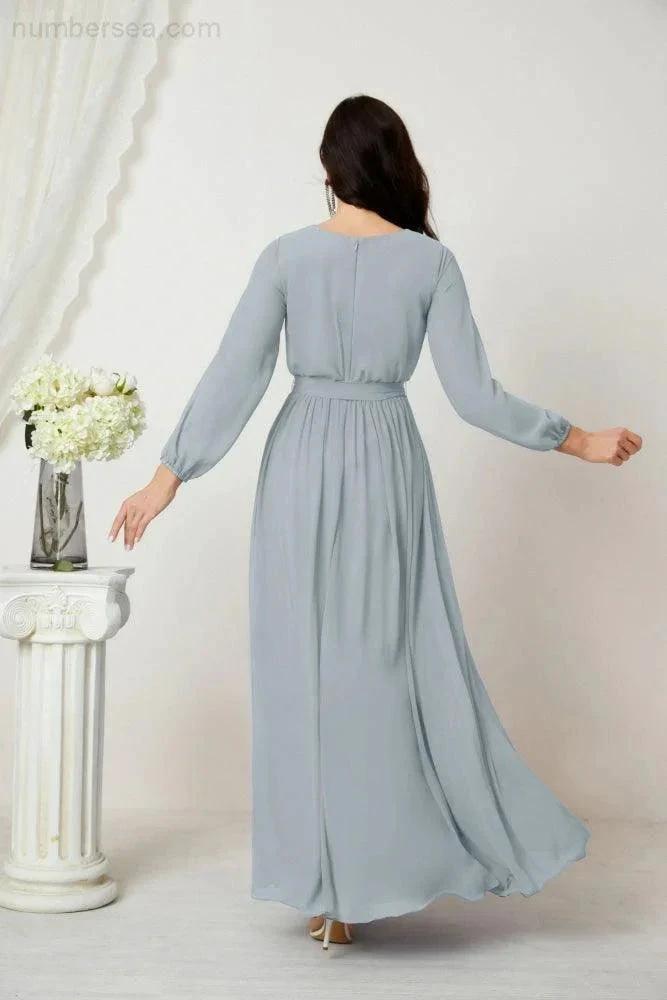 Sunnderly Evening Dresses Deep V-Neck Chiffon Bridesmaid Dresses Long Bishop Sleeve Side Split Formal Dress SY2806