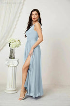 Numbersea Chiffon V-Neck Bridesmaid Dress Spaghetti Strap Long Formal Party Prom Gowns with Slit 28010