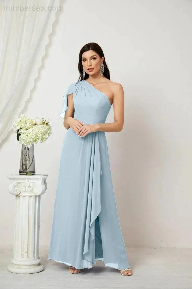 Numbersea  Chiffon Ruffled One Shoulder Long Bridesmaid Dresses A-line Formal Evening Gown Side Split 2809