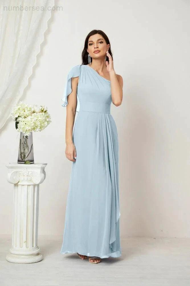 Numbersea  Chiffon Ruffled One Shoulder Long Bridesmaid Dresses A-line Formal Evening Gown Side Split 2809