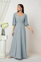 Numbersea  Formal Prom Gown Women V-Neck Chiffon Bridesmaid Dresses Long Bishop Sleeve Party Dress 2807