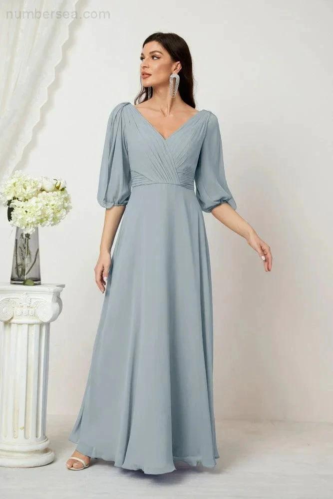 Numbersea  Formal Prom Gown Women V-Neck Chiffon Bridesmaid Dresses Long Bishop Sleeve Party Dress 2807