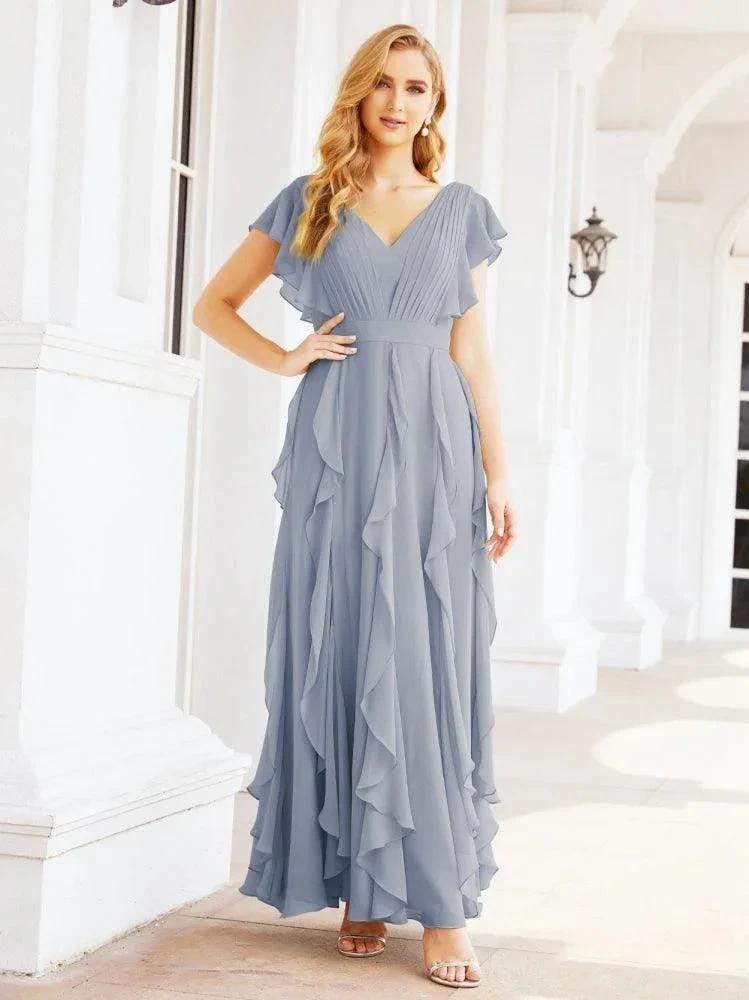 Ruffled Bridesmaid Dresses with Sleeves Long Formal Party Dress 28041