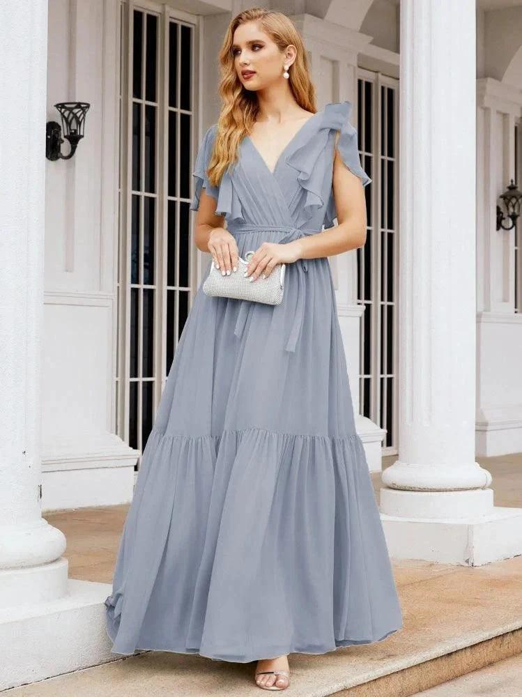 Numbersea Women's Open Back Formal Evening Party Prom Gowns V-Neck Long Chiffon Bridesmaid Dresses with Waist Belt 28038
