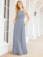 Numbersea Halter Bridesmaid Dresses with Pockets Sleeveless Formal Evening Party Prom Gowns  28055