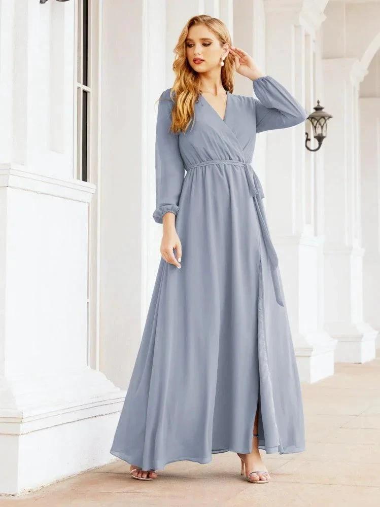 Sunnderly Women's Chiffon Bridesmaid Dress A line Long Sleeves Formal Evening Prom Gown for Wedding Guest SY28032