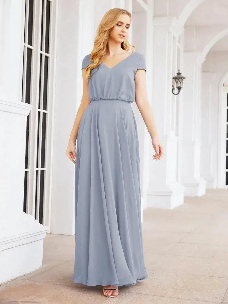 Numbersea V-Neck Bridesmaid Dresses Long Cap Sleeves Prom Evening Formal Gowns 28071