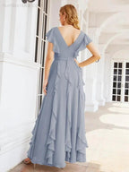 Ruffled Bridesmaid Dresses with Sleeves Long Formal Party Dress 28041