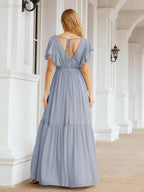 Numbersea Women's Open Back Formal Evening Party Prom Gowns V-Neck Long Chiffon Bridesmaid Dresses with Waist Belt 28038