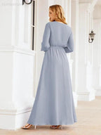 Sunnderly Women's Chiffon Bridesmaid Dress A line Long Sleeves Formal Evening Prom Gown for Wedding Guest SY28032