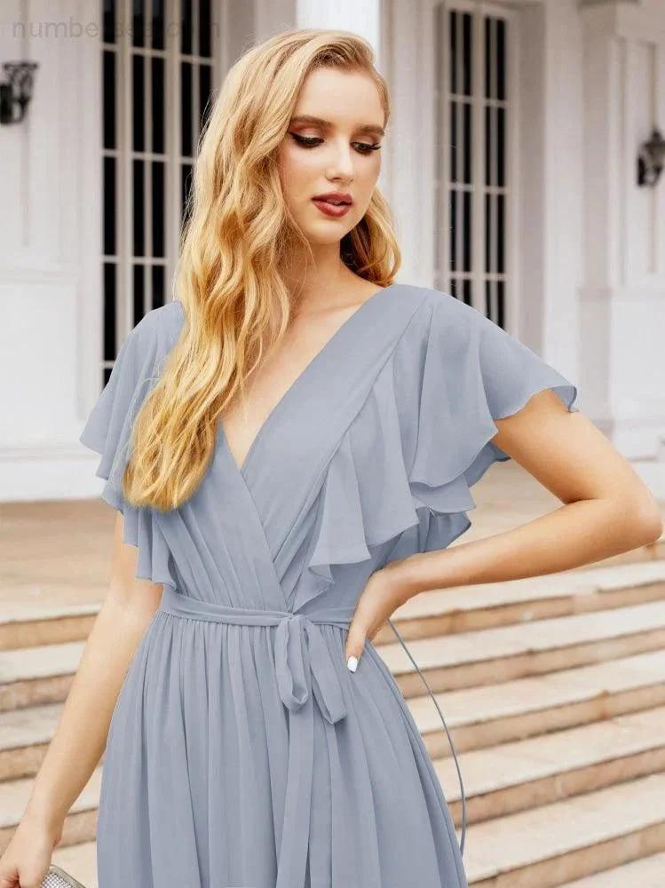 Numbersea Women's Open Back Formal Evening Party Prom Gowns V-Neck Long Chiffon Bridesmaid Dresses with Waist Belt 28038