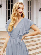 Numbersea Women's Open Back Formal Evening Party Prom Gowns V-Neck Long Chiffon Bridesmaid Dresses with Waist Belt 28038