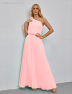 Ruffled One Shoulder Sleeveless Long Bridesmaid Dresses A-line Formal Evening Gown Side Split 28080