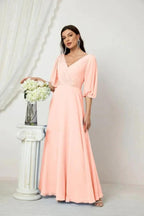 Numbersea  Formal Prom Gown Women V-Neck Chiffon Bridesmaid Dresses Long Bishop Sleeve Party Dress 2807