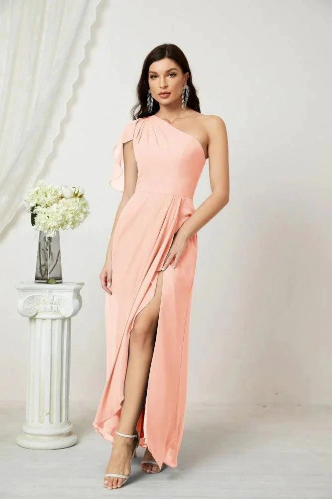 Numbersea  Chiffon Ruffled One Shoulder Long Bridesmaid Dresses A-line Formal Evening Gown Side Split 2809