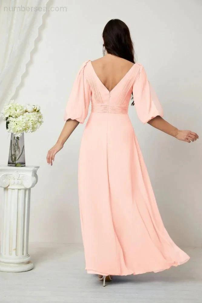 Numbersea  Formal Prom Gown Women V-Neck Chiffon Bridesmaid Dresses Long Bishop Sleeve Party Dress 2807