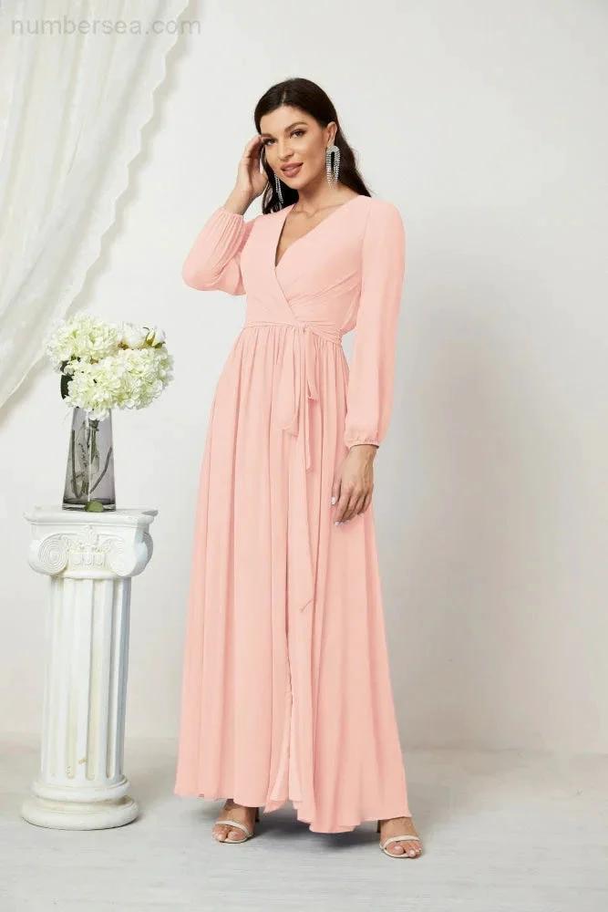 Sunnderly Evening Dresses Deep V-Neck Chiffon Bridesmaid Dresses Long Bishop Sleeve Side Split Formal Dress SY2806