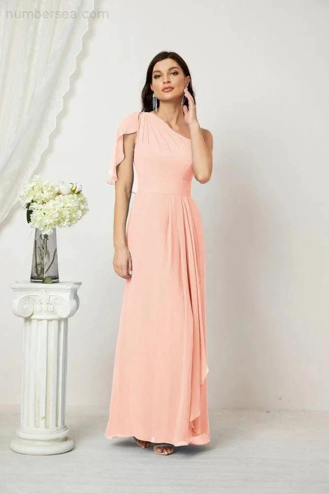 Numbersea  Chiffon Ruffled One Shoulder Long Bridesmaid Dresses A-line Formal Evening Gown Side Split 2809