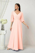 Numbersea  Formal Prom Gown Women V-Neck Chiffon Bridesmaid Dresses Long Bishop Sleeve Party Dress 2807