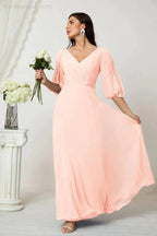 Numbersea  Formal Prom Gown Women V-Neck Chiffon Bridesmaid Dresses Long Bishop Sleeve Party Dress 2807