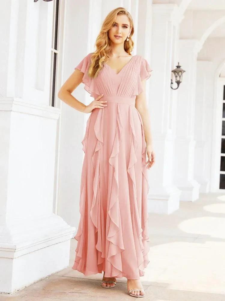 Ruffled Bridesmaid Dresses with Sleeves Long Formal Party Dress 28041