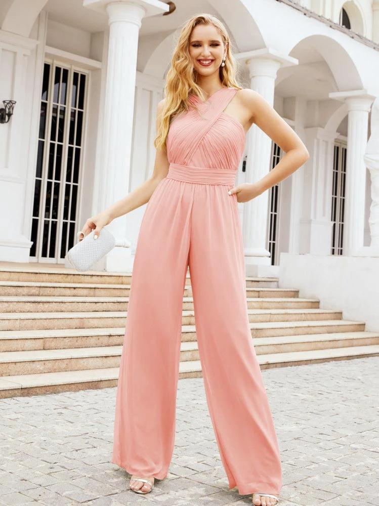 Numbersea Crisscross Neck Jumpsuit Formal Evening Dress Long Bridesmaid Dresses Bell-bottomed Pants 28033