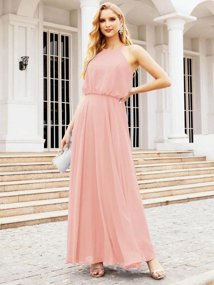 Numbersea  Halter Long Bridesmaid Dresses Formal A line Juniors Dress 28029