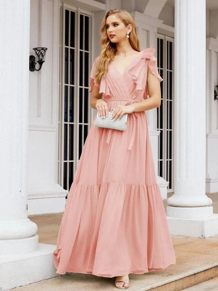 Numbersea Women's Open Back Formal Evening Party Prom Gowns V-Neck Long Chiffon Bridesmaid Dresses with Waist Belt 28038