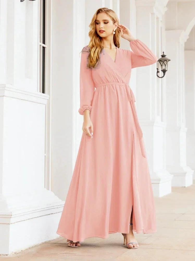 Sunnderly Women's Chiffon Bridesmaid Dress A line Long Sleeves Formal Evening Prom Gown for Wedding Guest SY28032