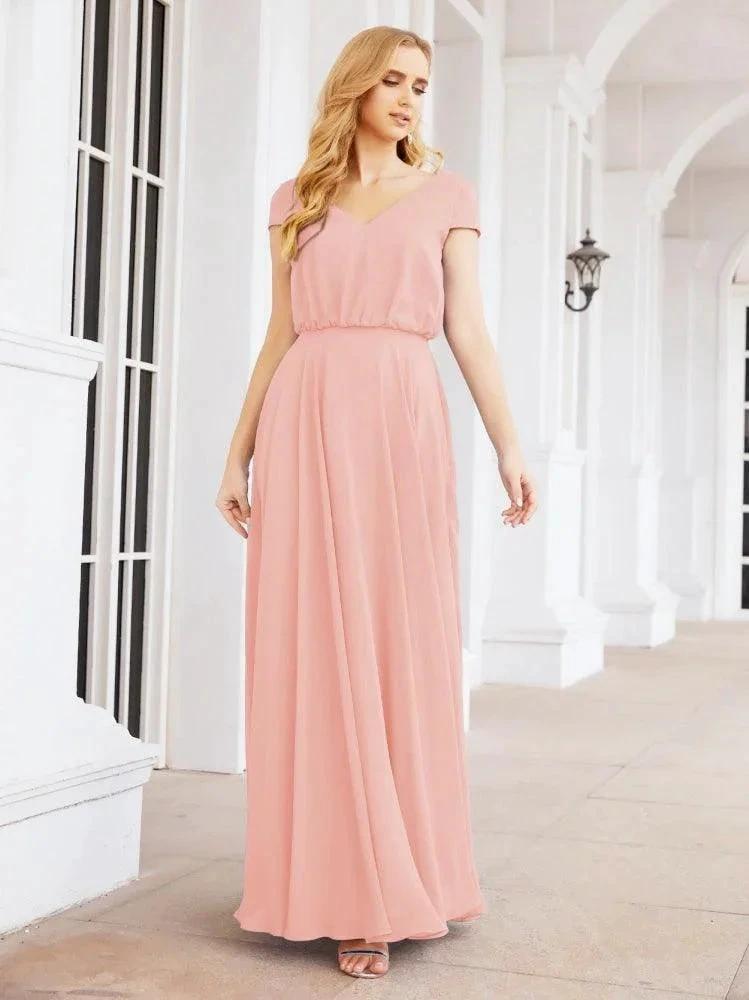 Numbersea V-Neck Bridesmaid Dresses Long Cap Sleeves Prom Evening Formal Gowns 28071