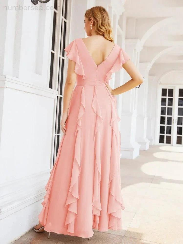 Ruffled Bridesmaid Dresses with Sleeves Long Formal Party Dress 28041