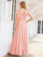 Ruffled Bridesmaid Dresses with Sleeves Long Formal Party Dress 28041