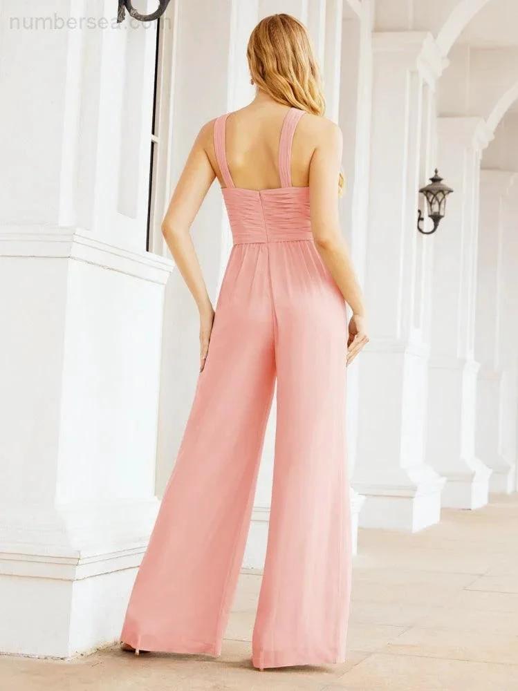 Numbersea Crisscross Neck Jumpsuit Formal Evening Dress Long Bridesmaid Dresses Bell-bottomed Pants 28033