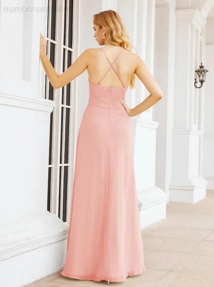 Numbersea Halter Bridesmaid Dresses with Pockets Sleeveless Formal Evening Party Prom Gowns  28055