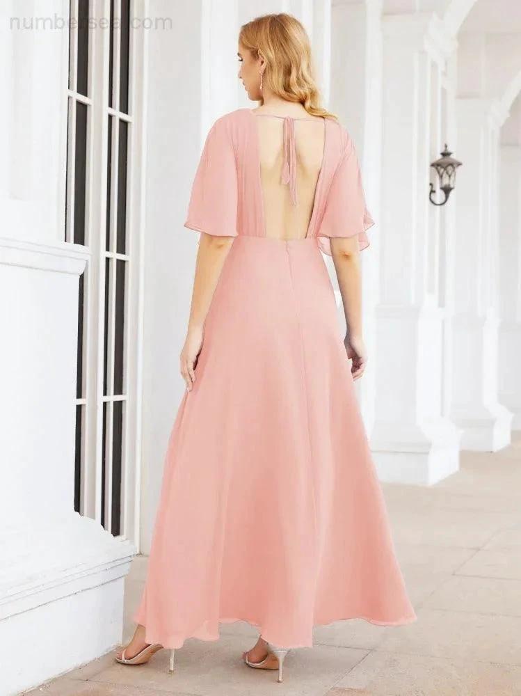 Numbersea V-Neck Bridesmaid Dress Chiffon Long Open Back Formal Dresses for Women Party Evening 28067