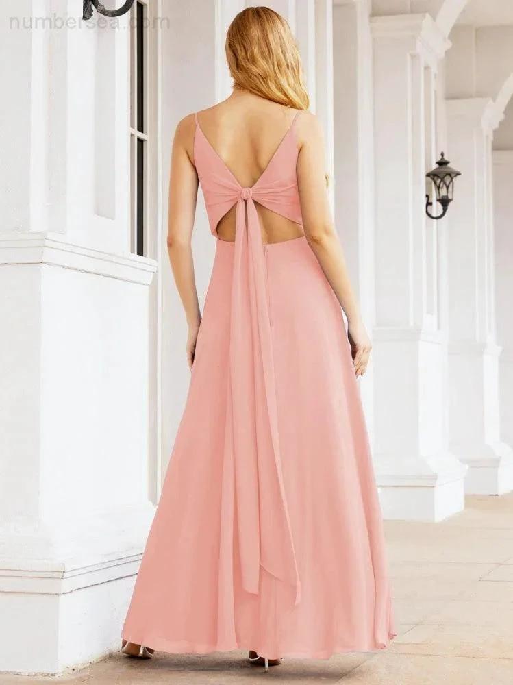 Numbersea Spaghetti Strap Bridesmaid Dresses V Neck Butterfly Back Fromal Evening Party Prom Gown 28036