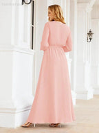 Sunnderly Women's Chiffon Bridesmaid Dress A line Long Sleeves Formal Evening Prom Gown for Wedding Guest SY28032