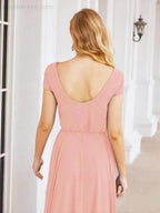 Numbersea V-Neck Bridesmaid Dresses Long Cap Sleeves Prom Evening Formal Gowns 28071