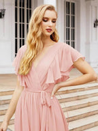 Numbersea Women's Open Back Formal Evening Party Prom Gowns V-Neck Long Chiffon Bridesmaid Dresses with Waist Belt 28038
