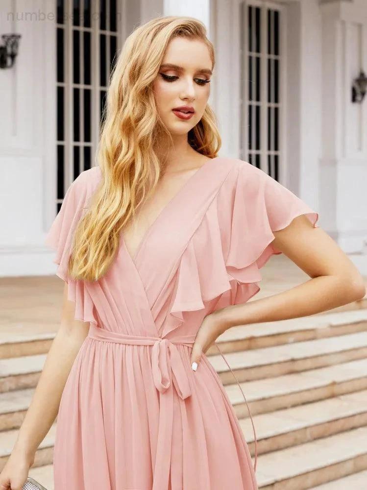 Numbersea Women's Open Back Formal Evening Party Prom Gowns V-Neck Long Chiffon Bridesmaid Dresses with Waist Belt 28038