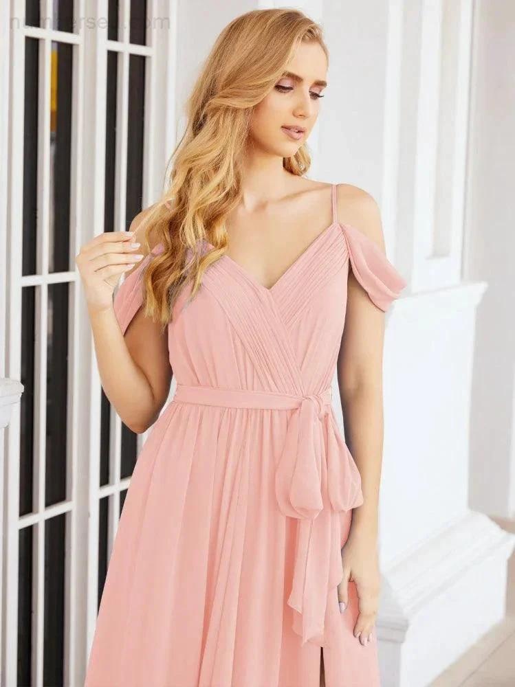 Numbersea Off The Shoulder Chiffon Bridesmaid Dress Long Formal Graduation Gown with Cowl Back 28069