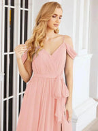 Numbersea Off The Shoulder Chiffon Bridesmaid Dress Long Formal Graduation Gown with Cowl Back 28069