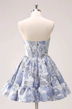 Cute Blue A Line Sweetheart Print Corset Short Homecoming Dress with Ruffles