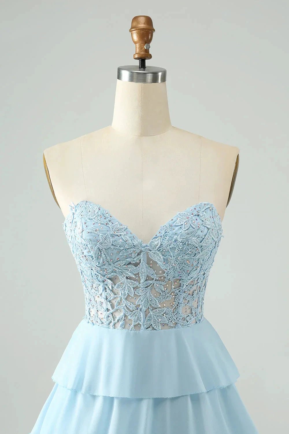 A Line Sweetheart Tiered Light Blue Short Homecoming Dress with Appliques