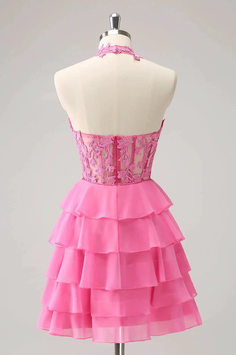 Cute Hot Pink A Line Strapless Tiered Corset Ruffle Homecoming Dress with Beading