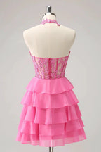 Cute Hot Pink A Line Strapless Tiered Corset Ruffle Homecoming Dress with Beading